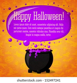 Happy halloween cute retro banner on the craft paper texture with black witch cauldron boiling the potion, with halloween greeting and place for your text. Background with witches, bats, spiders.