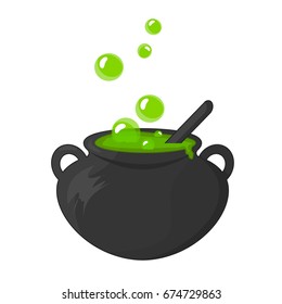 Happy Halloween cute retro banner on the texture of craft paper with black witch cauldron boiling the potion, with Halloween greeting and place for your text. Stock vector.