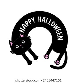 Happy Halloween. Cute round circle shape laying kitten. Kawaii chilling black kitty head face, pink paw print. Long body cat. Cartoon baby pet character. Flat design. White background. Vector