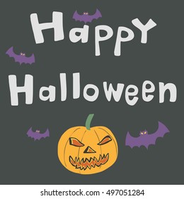 Happy Halloween with cute and scary pumpkin smiling. Invitation card. Vector illustration.