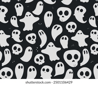 Happy Halloween. Cute seamless pattern with ghosts on dark background. Vector illustration. Perfect background for banner,poster,flyer.