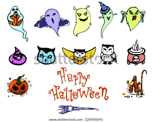 Happy Halloween Cute Set Set Drawings Stock Vector (Royalty Free) 220406041