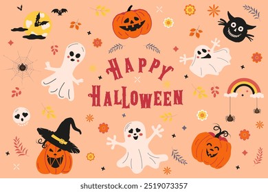  Happy Halloween is a cute set of holiday items.  Pumpkins, ghost, black cat, cobwebs, spiders,moon, bats, skull, flowers. A greeting card, an invitation to a party, a poster. Drawn by hand
