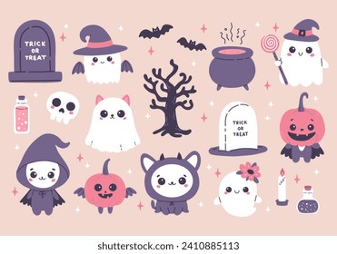 Happy Halloween cute set, pumpkin head, skeleton, ghost, bat and more