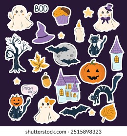 Happy Halloween cute set stickers. Vector illustration in flat style. Adorable Halloween festival elements for Halloween card and designs