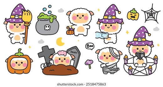 Happy halloween.Set of cute sheep in various poses halloween festival.Mushroom,poison,grave,pumpkin,spider web hand drawn.Witch.Zombies.Moon.Cloud.Night.Animal cartoon.Kawaii.Vector.Illustration.