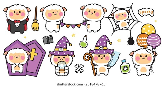 Happy halloween.Set of cute sheep in various poses halloween festival.Balloon,broom,poison,grave,spider hand drawn.Witch.Dracula.Star.Night.Animal cartoon.Kawaii.Vector.Illustration.