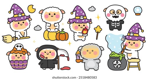 Happy halloween.Set of cute sheep in various poses halloween festival.Cupcake,pumpkin,poison hand drawn.Witch.Devil.Moon.Star.Night.Animal cartoon.Kawaii.Vector.Illustration.