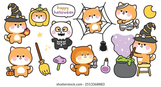 Feliz halloween. Conjunto de lindo perro shiba inu en varias poses festival de halloween. Seta, calabaza, magia, veneno, escoba, araña dibujado a mano. Bruja. Zombies. Luna. Noche. Animales de dibujos animados. Kawaii. Vector. Ilustración.