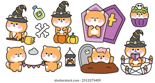 Happy halloween.Set von niedlichen shiba inu Hund in verschiedenen Posen halloween festival.Cupcake, Kürbis, Magie, Gift, Schädel, Sarg handgezeichnet.Witch.Zombies.Night.Animal cartoon.Kawaii.Vector.