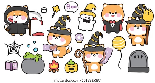 Feliz halloween.Conjunto de lindo perro shiba inu en varias poses festival de halloween.Globo, calabaza, magia, veneno, fantasma, cráneo dibujado a mano.Bruja.Diablo.Zombies.Drácula.Noche.Animales de dibujos animados.Kawaii.Vector.