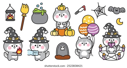 Happy halloween.Set of cute siberian husky in various poses halloween festival.Spider web,bat,poison,pumpkin,broom,grave hand drawn.Witch.Zombies.Moon.Night.Animal cartoon.Kawaii.Vector.Illustration.