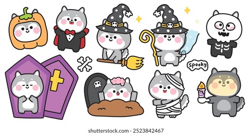 Happy halloween.Set of cute siberian husky in various poses halloween festival.Coffin,pumpkin,broom,grave hand drawn.Witch.Zombies.Dracula.Night.Animal cartoon.Kawaii.Vector.Illustration.