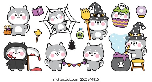 Happy halloween.Set of cute siberian husky dog in various poses halloween festival.Cupcake,spider,pumpkin,poison hand drawn.Witch.Devil.Night.Animal cartoon.Kawaii.Vector.Illustration.