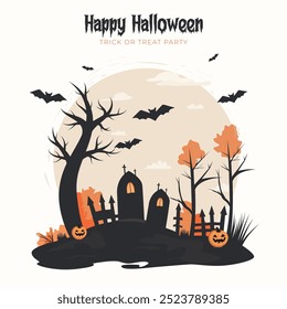 Happy Halloween cute social media post. Halloween haunted silhouette landscape. Happy Halloween scary background or banner, vector backdrop with full moon and flying bats.