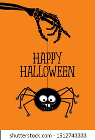 Happy halloween - cute spider hanging on skeleton arm. Retro badge. Hand drawn isolated emblem with quote. Halloween party sign/logo. scrap booking, posters, greeting cards, banners.