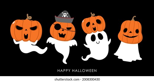 Happy Halloween with cute spooky ghosts and scary pumpkin . Holidays cartoon character.