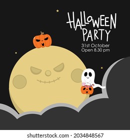 Happy Halloween with cute spooky ghosts, scary pumpkin and moon. Holidays cartoon character.