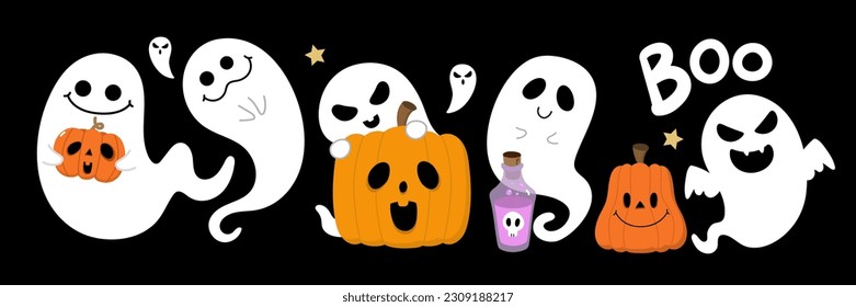 Happy halloween with cute spooky ghosts and scary pumpkin . Holidays cartoon character.