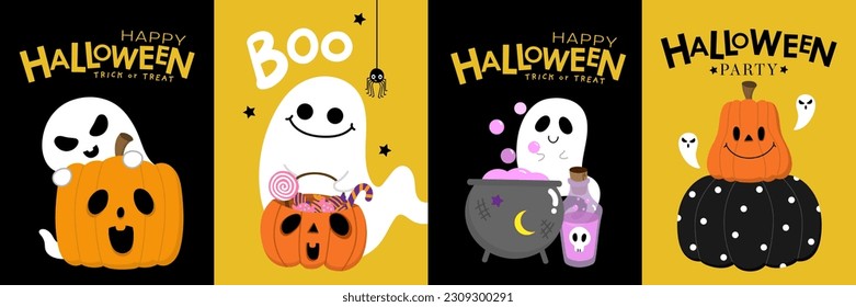 Feliz Halloween con bonitos fantasmas espeluznantes y calabaza aterradora. Personaje de caricatura de vacaciones.