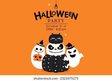 Happy halloween with cute spooky ghosts and scary pumpkin in cat and monster eyes decoration. Holidays cartoon character. -Vector