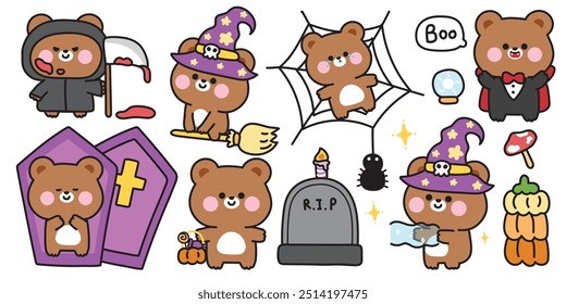 Happy halloween.Set of cute teddy bear in various poses halloween festival.Mushroom,coffin,pumpkin,magic,broom,spider hand drawn.Witch.Devil.Dracula.Night.Animal cartoon.Kawaii.Vector.Illustration.