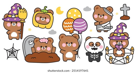 Happy halloween.Set of cute teddy bear in various poses halloween festival.Coffin,pumpkin,magic,broom,spider web hand drawn.Witch.Zombies.Moon.Cloud.Night.Animal cartoon.Kawaii.Vector.Illustration.