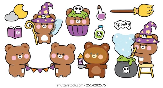 Feliz halloween.Conjunto de lindo oso de peluche en varias poses festival de halloween.Cupcake, veneno, magia, escoba, cráneo dibujado a mano.Witch.Moon.Cloud.Night.Animal cartoon.Kawaii.Vector.Illustration.