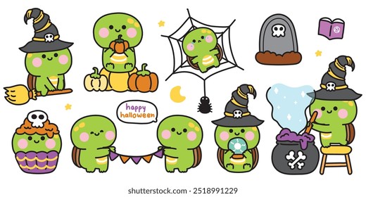 Happy halloween.Set of cute turtle in various poses halloween festival.Cupcake,grave,poison,pumpkin,spider hand drawn.Witch.Moon.Star.Cloud.Night.Animal cartoon.Kawaii.Vector.Illustration.