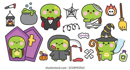 Happy halloween.Set of cute turtle in various poses halloween festival.Coffin,poison,pumpkin,spider web,broom,skull hand drawn.Witch.Dracula.Zombies.Night.Animal cartoon.Kawaii.Vector.Illustration.