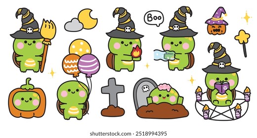 Happy halloween.Set of cute turtle in various poses halloween festival.Balloon,magic,pumpkin,grave,broom hand drawn.Witch.Zombies.Moon.Star.Night.Animal cartoon.Kawaii.Vector.Illustration.