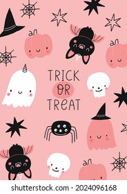 Happy Halloween cute vector card with cartoon ghost, skull, bat, pumpkin, spider, stars. Pink and blak print in flat style. Halloween lettering quote Trick or Treat