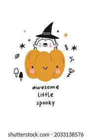 Happy Halloween cute vector card with cartoon hedgehog, pumpkin, ghost, stars. Cute print in flat style. 