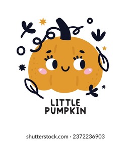 Happy Halloween cute vector card with cartoon pumpkin, stars, leaves in flat style. Halloween lettering quote. Cartoon Halloween characters for kids prints, poster, invitations