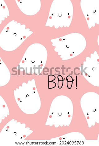 Happy Halloween cute vector card with cartoon ghost. Pink and blak print in flat style. Halloween lettering quote Boo!