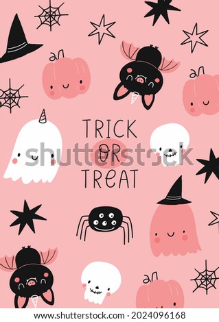 Happy Halloween cute vector card with cartoon ghost, skull, bat, pumpkin, spider, stars. Pink and blak print in flat style. Halloween lettering quote Trick or Treat