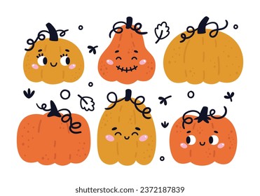 Happy Halloween cute vector clipart with cartoon pumpkin, stars, leaves in flat style. Cartoon Halloween characters for kids prints, poster, invitations