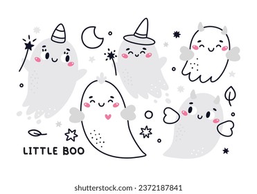 Happy Halloween cute vector clipart with cartoon ghost, stars, leaves, moon, horn, magic wand, hat in flat style. Cartoon Halloween characters for kids prints, poster, invitations