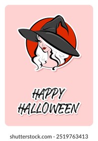 Happy Halloween, cute vector design for greeting card, poster or banner. White haired witch with black hat and text Happy Halloween on pastel pink background.