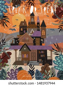 Happy Halloween. Cute vector illustration of a castle or mansion in a dark forest on nature with bats, freehand drawing for background, poster or card. Trick or treat!
 
