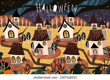Happy Halloween! Cute vector illustration of a nightly gloomy scary city or village, landscape with houses and trees. Drawing for background, banner or card.
 
