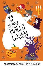 Happy Halloween. Cute vector little owl, pirates skeleton, werwolf,grim reaper with scary pumpkin and tree creepy in orange backgraound. The biggest ghost