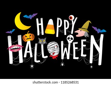 Happy Halloween cute vector. Pumpkin head, bat, mummy, skull, witch, cat, spider, vampire, moon, candy corn on Happy Halloween text banner.