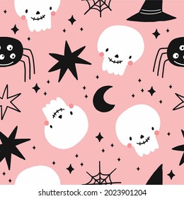 Happy Halloween cute vector seamless pattern with cartoon ghost, skull, bat, pumpkin, spider, stars. Pink and blak print in flat style