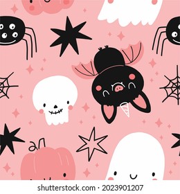 Happy Halloween cute vector seamless pattern with cartoon ghost, skull, bat, pumpkin, spider, stars. Pink and blak print in flat style