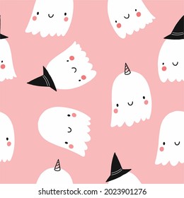 Happy Halloween cute vector seamless pattern with cartoon ghost. Pink and blak print in flat style