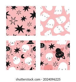 Happy Halloween cute vector seamless pattern with cartoon ghost, skull, bat, pumpkin, spider, stars. Pink and blak print in flat style