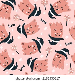 Happy Halloween cute vector seamless pattern with cartoon ghost. Creative childish texture in scandinavian style. Great for fabric, textile Vector Illustration.