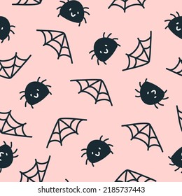 Happy Halloween cute vector seamless pattern with cartoon spider and web. Creative childish texture in scandinavian style. Great for fabric, textile Vector Illustration.