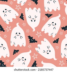 Happy Halloween cute vector seamless pattern with cartoon ghost. Creative childish texture in scandinavian style. Great for fabric, textile Vector Illustration.